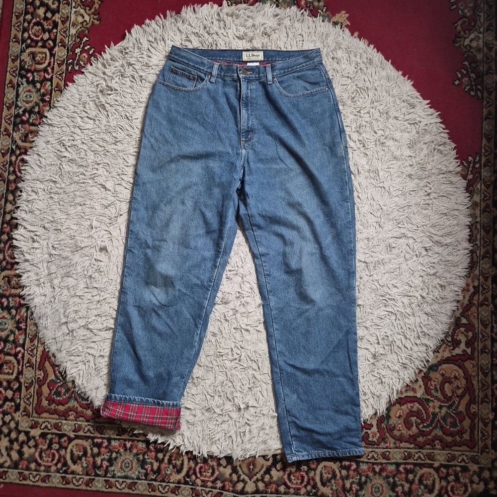 Vintage LL Bean Jeans Red Plaid Flannel Lined Blue Denim Original Fit Relaxed ✨️ - Picture 3 of 15